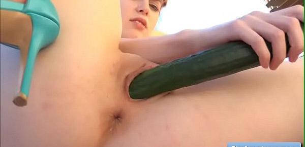  Horny teen blonde amateur Alana fucks her juicy pussy and tight ass with large cucumber outdoors